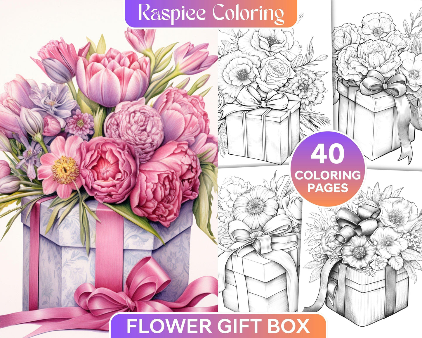 40 Flower Gift Box Grayscale Coloring Pages Printable for Adults Kids, PDF File Instant Download