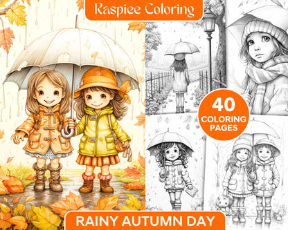 40 Rainy Autumn Day Grayscale Coloring Pages Printable for Adults and Kids, PDF File Instant Download