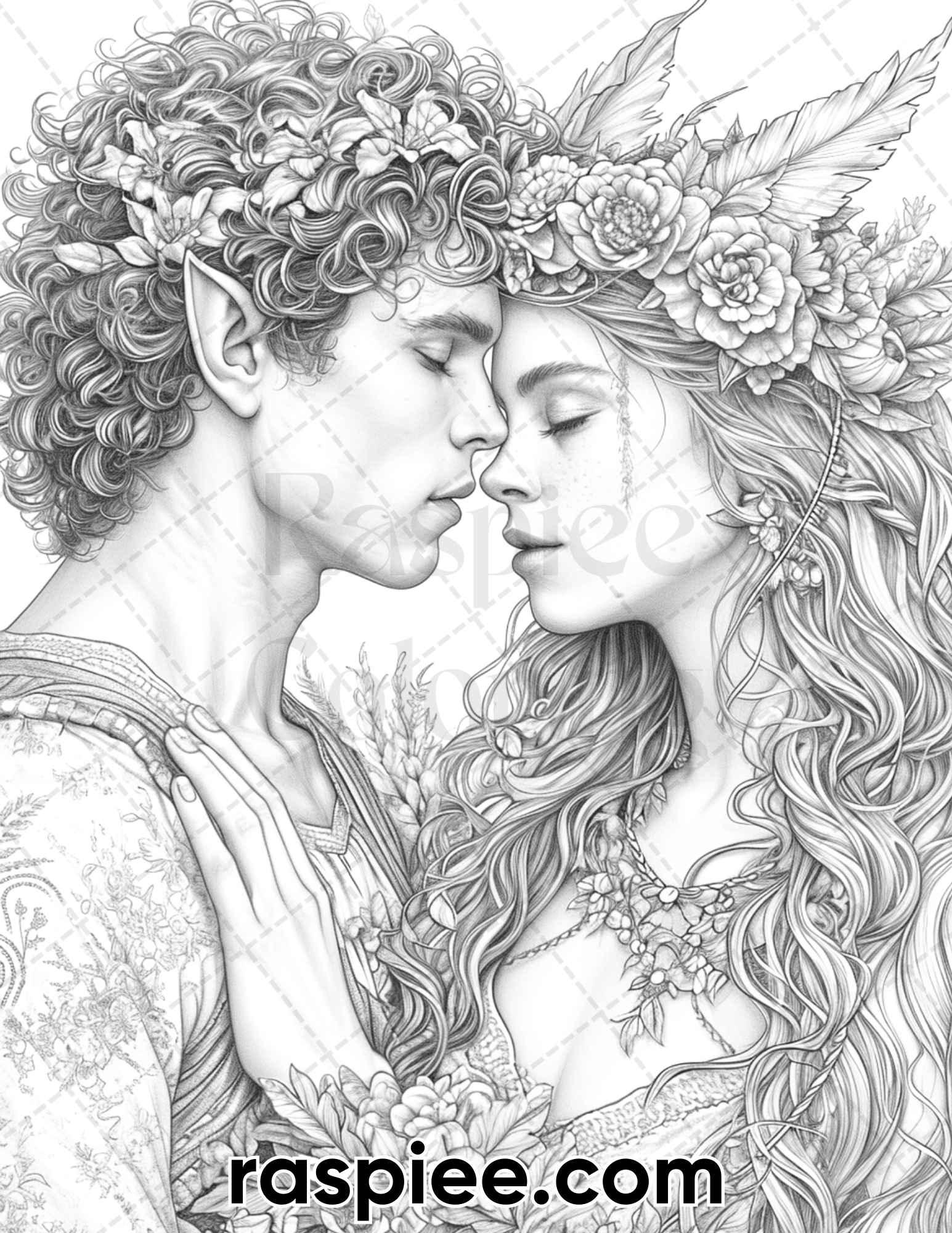 50 Romantic Elf Couple Portraits Adult Coloring Pages, Grayscale Illustration, Printable PDF Instant Download