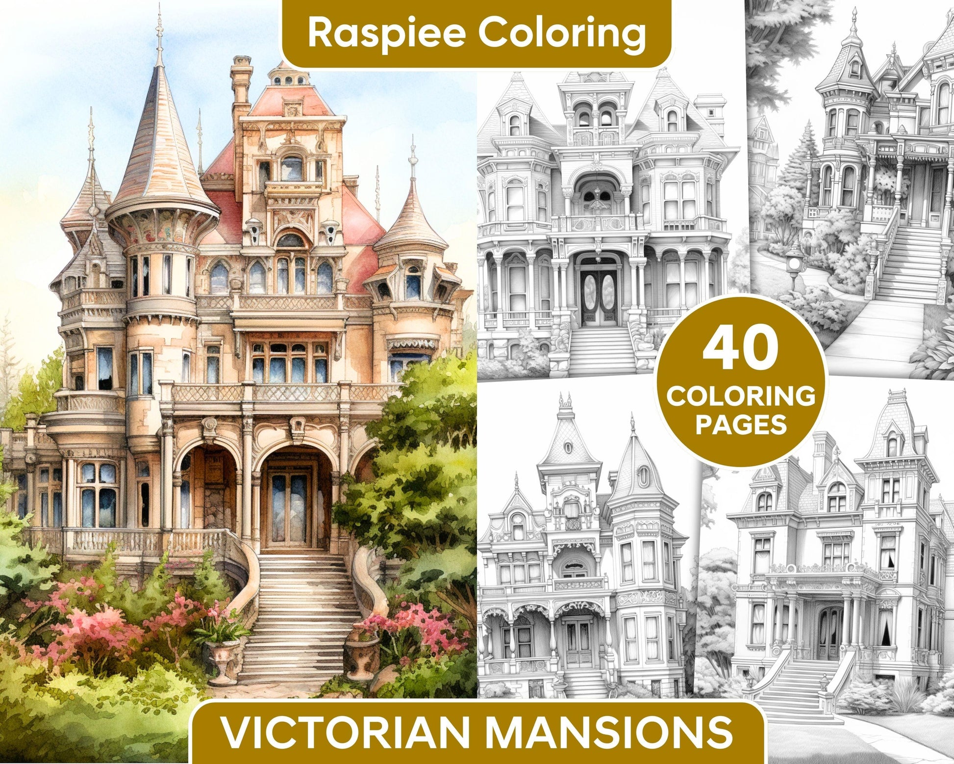 40 Victorian Mansions Grayscale Coloring Pages for Adults, Printable PDF Instant Download