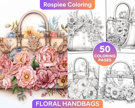 50 Floral Handbags Grayscale Coloring Pages for Adults, Printable PDF Instant Download