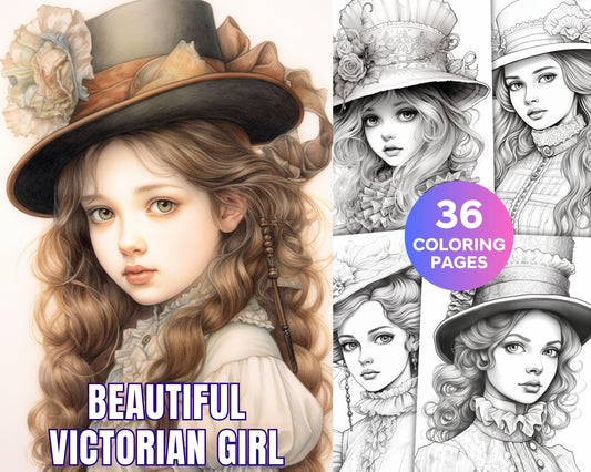 36 Beautiful Victorian Girls Coloring Pages Printable for Adults, Grayscale Coloring Page, PDF File Instant Download