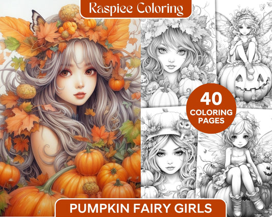 40 Pumpkin Fairy Girls Grayscale Coloring Pages Printable for Adults, PDF File Instant Download