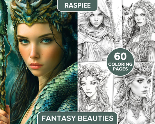 60 Fantasy Beauties Grayscale Adult Coloring Pages Printable PDF Instant Download