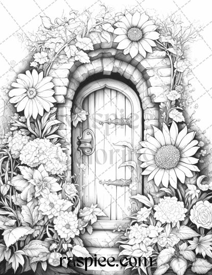 40 Flower Fairy Doors Grayscale Coloring Pages Printable for Adults, PDF File Instant Download