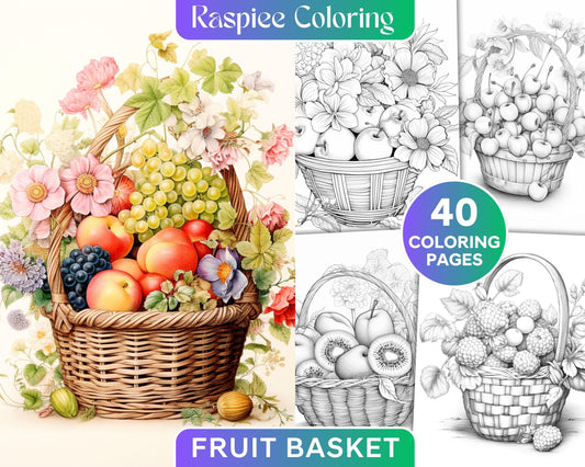 40 Fruit Basket Grayscale Coloring Pages Printable for Adults, PDF File Instant Download