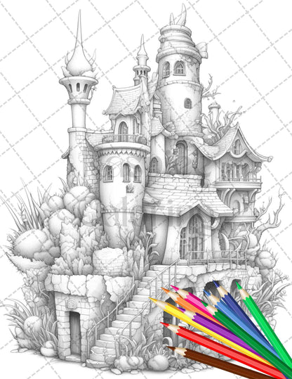 46 Fantasy Cactus Houses Grayscale Coloring Pages Printable for Adults, PDF File Instant Download