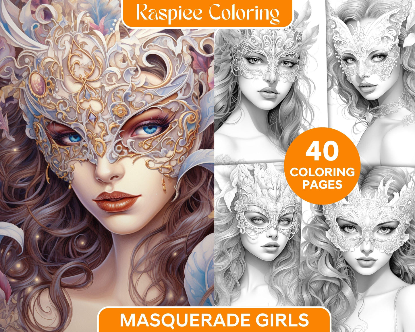 40 Masquerade Girls Grayscale Coloring Pages Printable for Adults, PDF File Instant Download