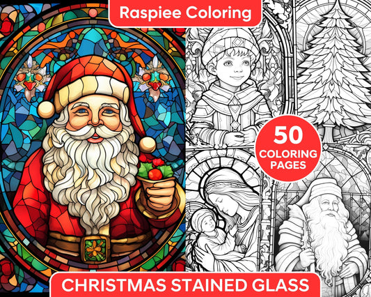 50 Christmas Stained Glass Grayscale Coloring Pages for Adults, Printable PDF File Instant Download