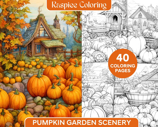 Pumpkin Garden Scenery Grayscale Coloring Pages Printable for Adults, PDF File Instant Download