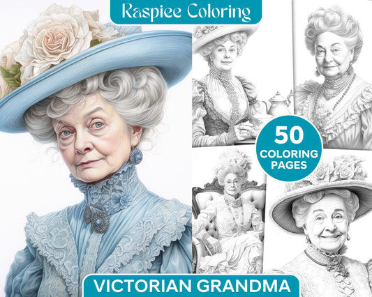 50 Victorian Grandma Grayscale Coloring Pages Printable for Adults, PDF File Instant Download