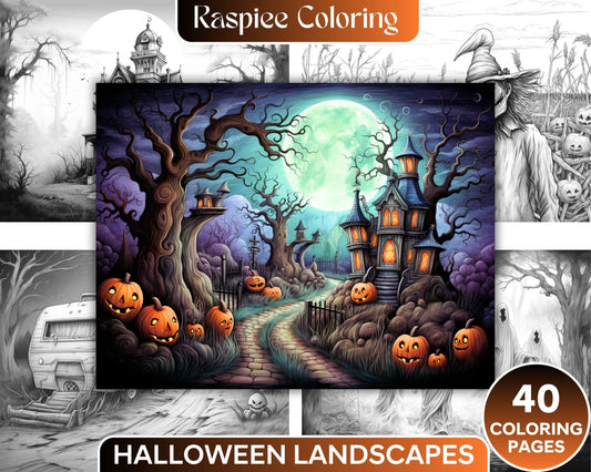 40 Halloween Landscapes Grayscale Coloring Pages Printable for Adults, PDF File Instant Download