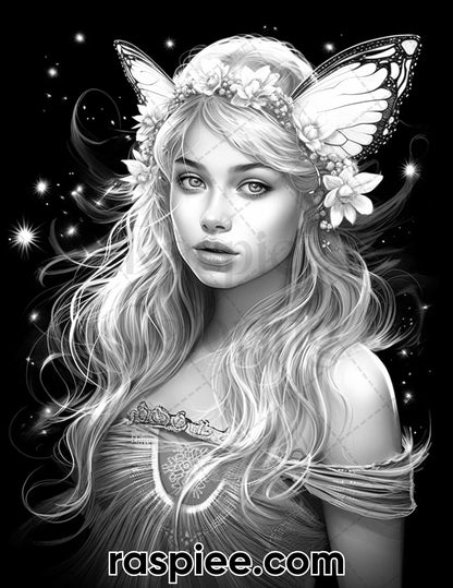 50 Starlight Fairy Grayscale Coloring Pages for Adults, Printable PDF File Instant Download