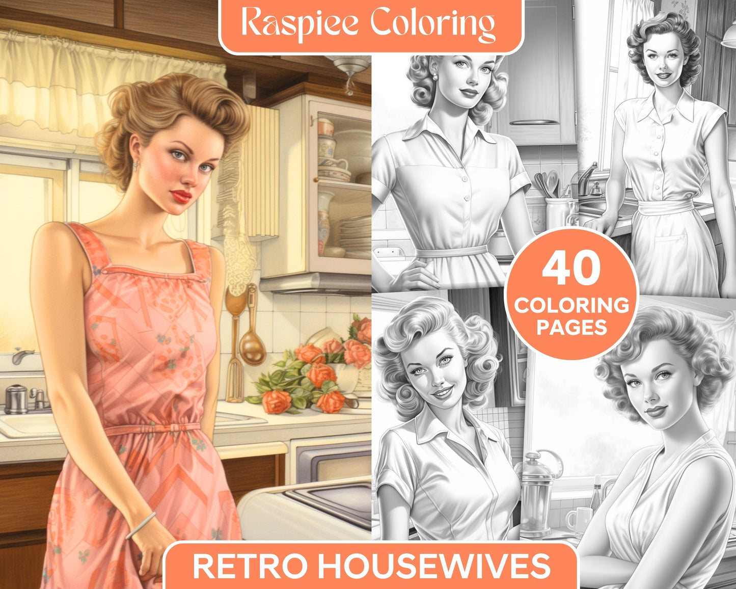 40 Retro Housewives Grayscale Coloring Pages for Adults, Printable PDF File Instant Download