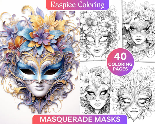 40 Masquerade Masks Grayscale Coloring Pages Printable for Adults, PDF File Instant Download