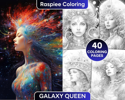 40 Galaxy Queen Sci-Fi & Fantasy Grayscale Coloring Pages for Adults, Printable PDF Instant Download