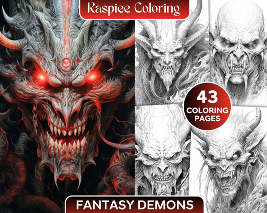 43 Fantasy Demons Grayscale Coloring Pages for Adults, Printable PDF File Instant Download