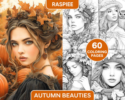 Autumn Beauties Portrait Adult Coloring Pages Printable PDF Instant Download