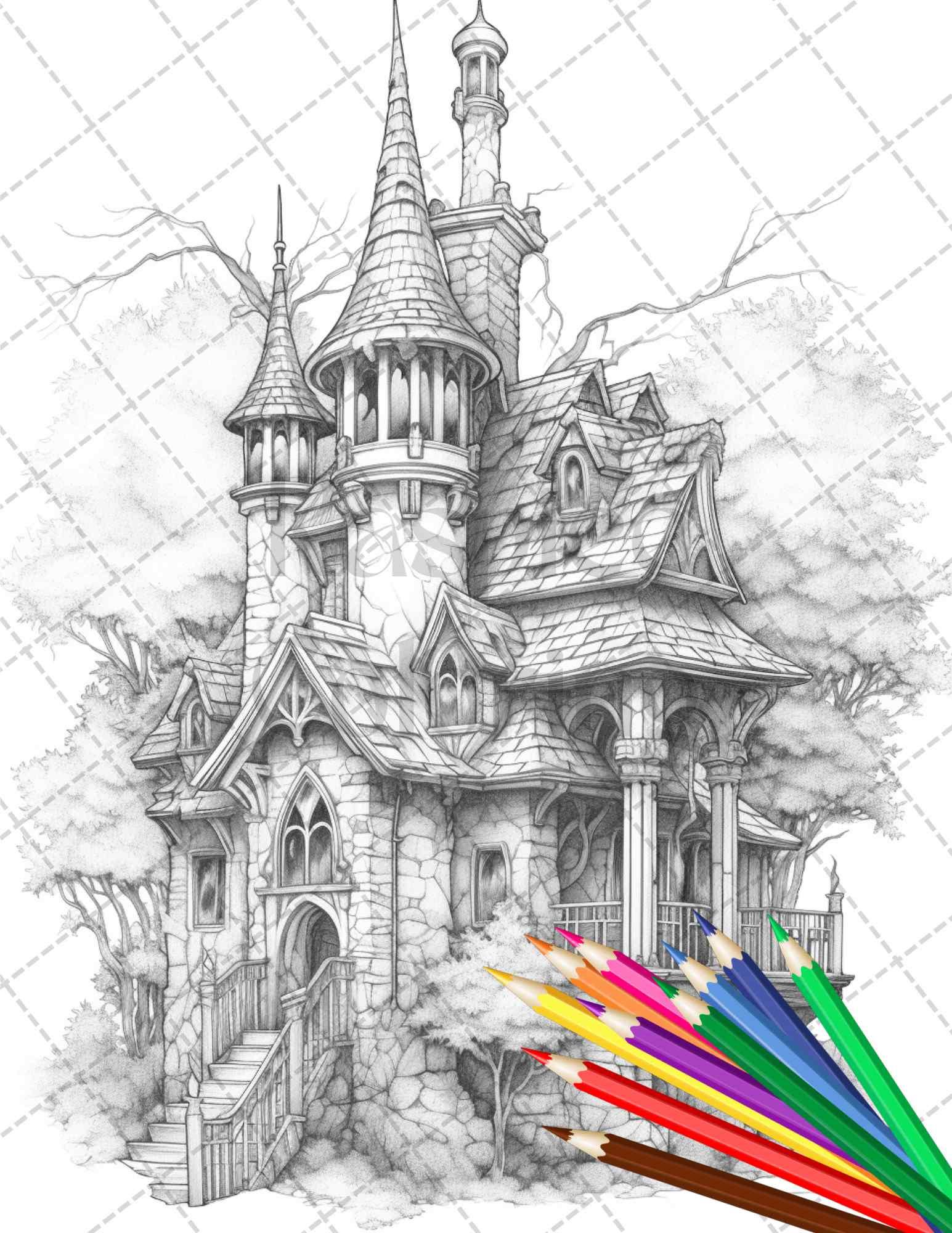 40 Creepy Gothic Houses Grayscale Coloring Pages Printable for Adults, PDF File Instant Download