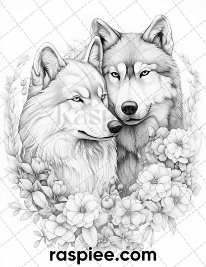 40 Floral Animal Couple Grayscale Coloring Pages for Adults, Printable PDF Instant Download