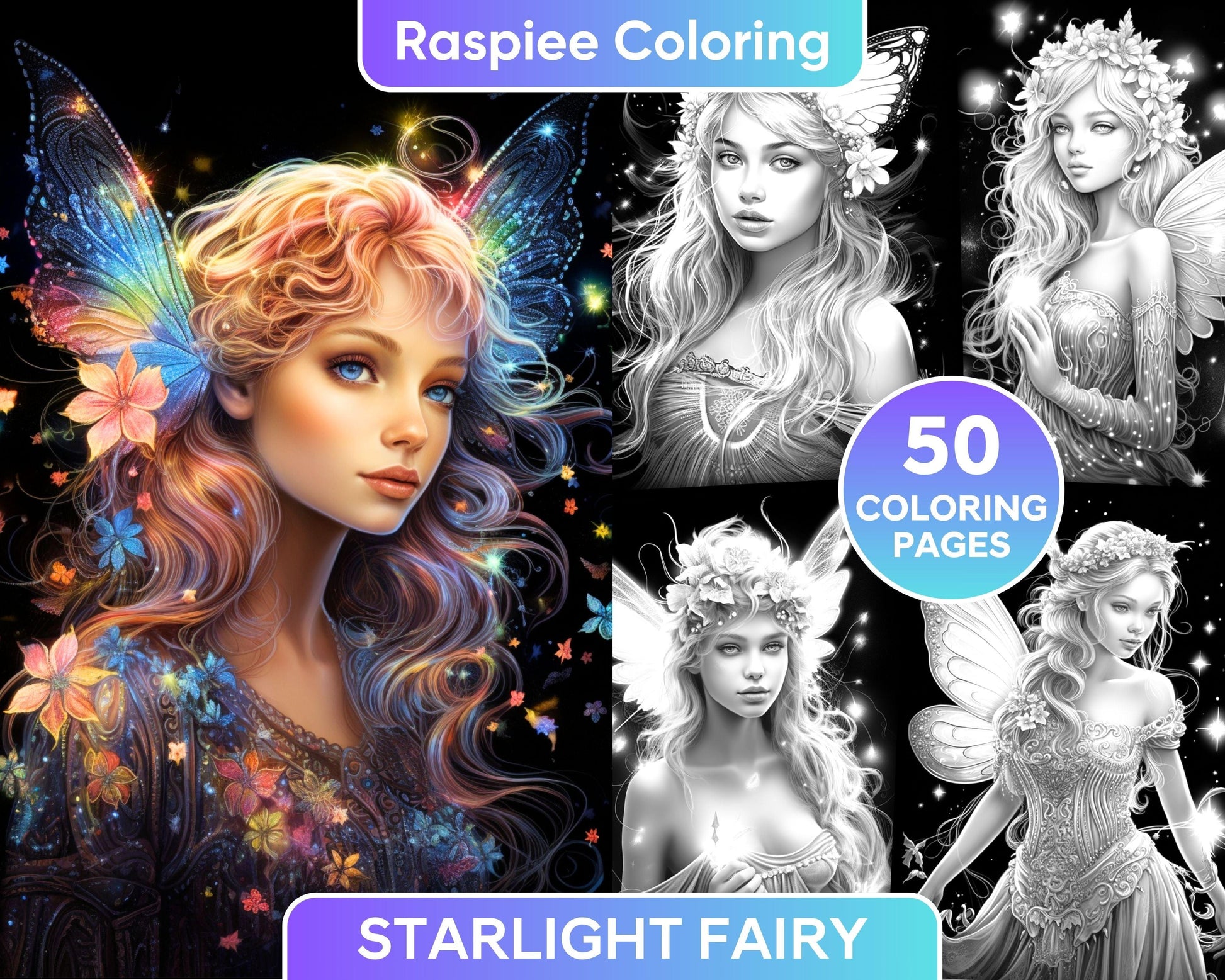 50 Starlight Fairy Grayscale Coloring Pages for Adults, Printable PDF File Instant Download