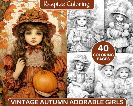 40 Vintage Autumn Adorable Girls Grayscale Coloring Pages for Adults, Printable PDF File Instant Download