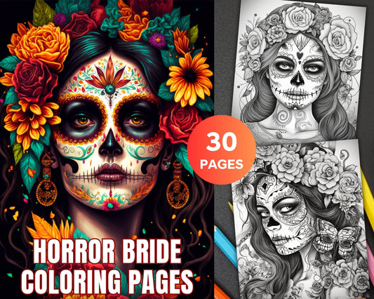 30 Printable Horror Bride Coloring Pages for Adults, Gothic Wedding Grayscale Coloring Book, Instant Download PDF