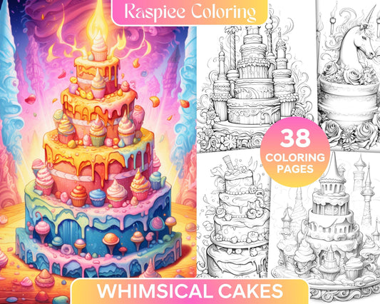 38 Whimsical Cakes Grayscale Coloring Pages for Adults, PDF File Instant Download