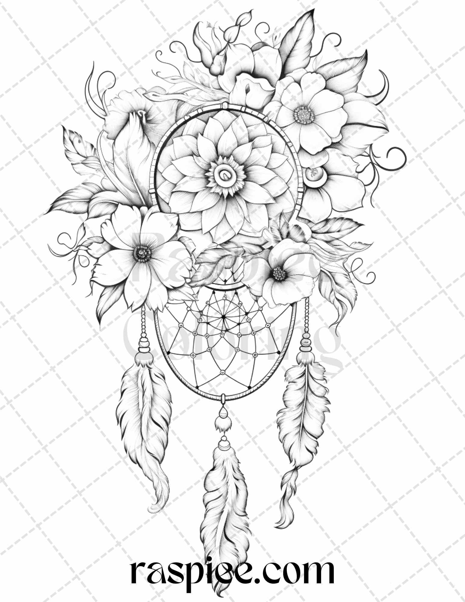 30 Flower Dreamcatcher Grayscale Coloring Pages Printable for Adults, PDF File Instant Download