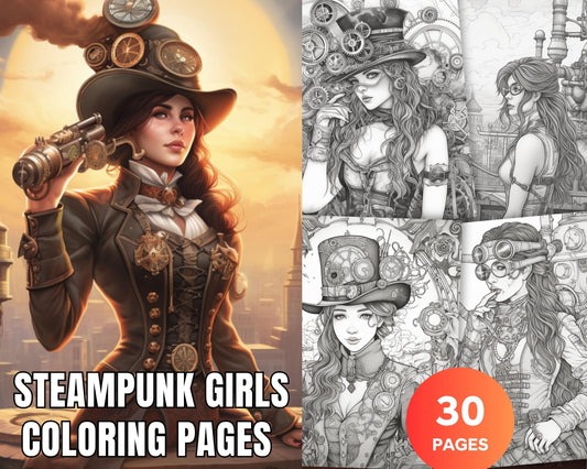 30 Steampunk Girls Coloring Pages Printable for Adults, Victorian Inspired Adult Grayscale Coloring Book, PDF File Download