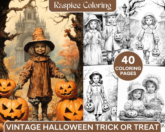 40 Vintage Halloween Trick or Treat Grayscale Coloring Pages Printable for Adults, PDF File Instant Download