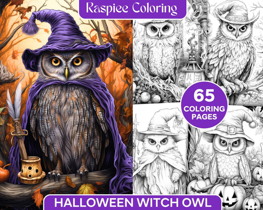 Halloween Witch Owl Grayscale Coloring Pages for Adults and Kids, Printable PDF Instant Download