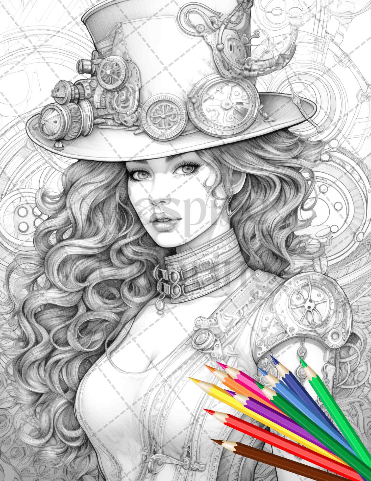 40 Steampunk Ladies Grayscale Coloring Pages Printable for Adults, PDF File Instant Download