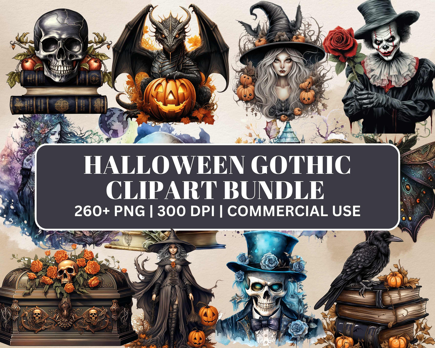 260+ PNG Watercolor Halloween Gothic Clipart Mega Bundle, Creepy Halloween Illustrations