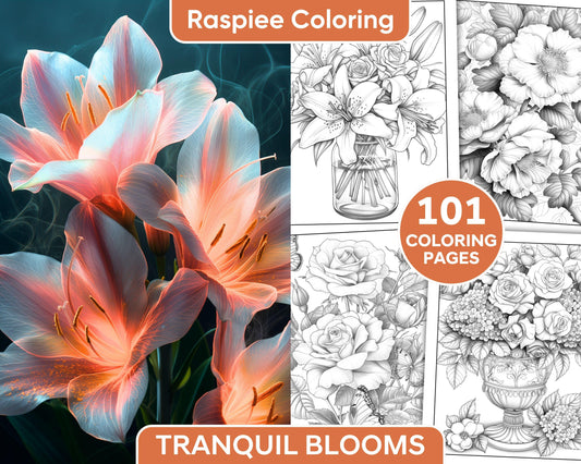 101 Tranquil Blooms Adult Coloring Pages Printable PDF Instant Download