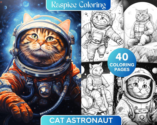 40 Cat Astronaut Grayscale Coloring Pages Printable for Adults Kids, PDF File Instant Download