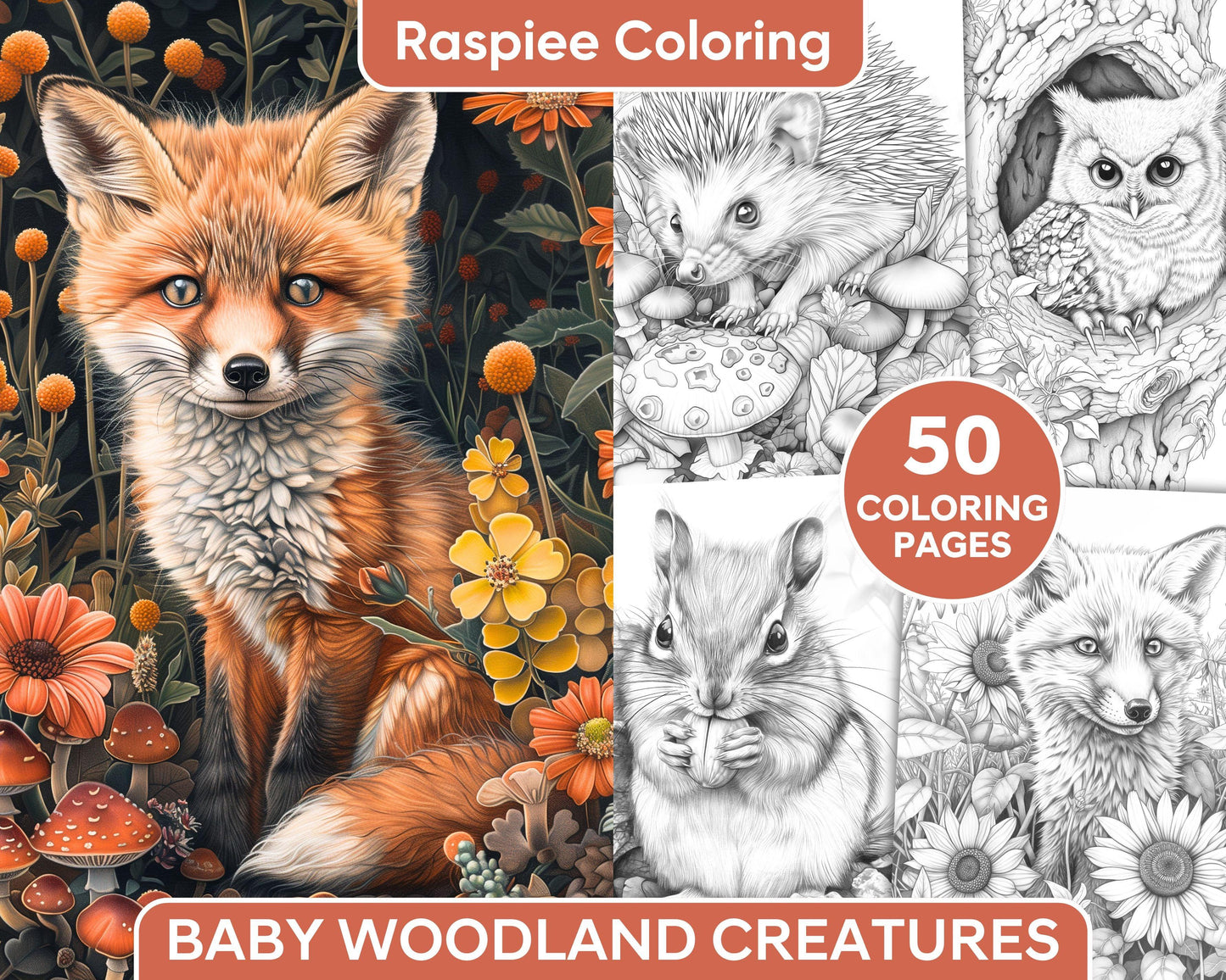 50 Baby Woodland Creatures Adult Coloring Pages Printable PDF Instant Download