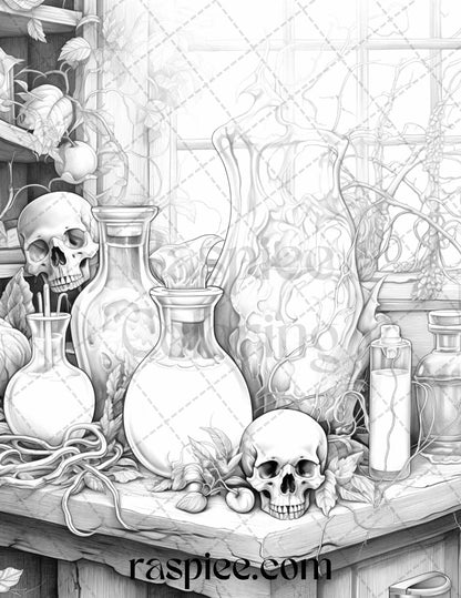 40 Mystical Magic Potions Grayscale Coloring Pages Printable for Adults, PDF File Instant Download