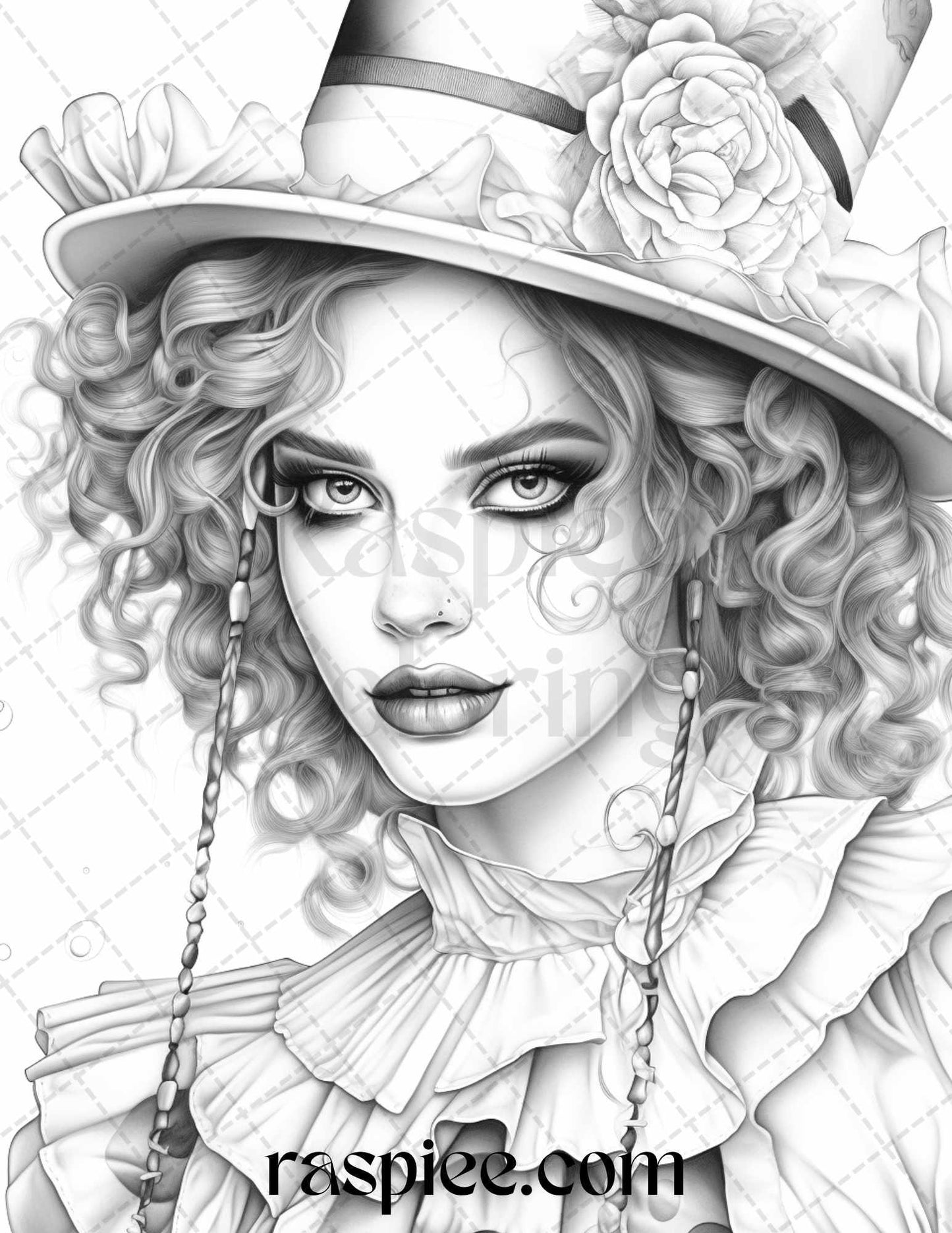 42 Beautiful Clown Girls Grayscale Coloring Pages Printable for Adults, PDF File Instant Download