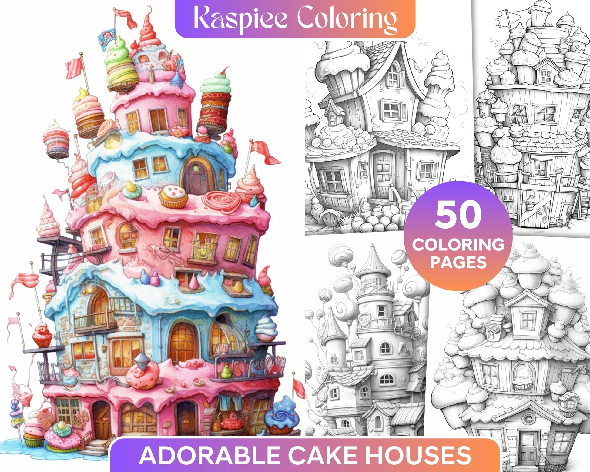 50 Adorable Cake Houses Grayscale Coloring Pages Printable for Adults and Kids, PDF File Instant Download