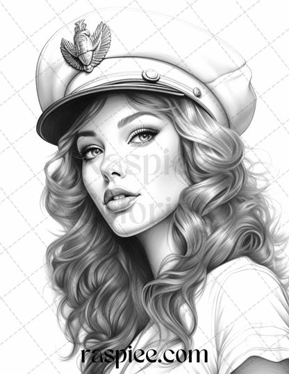 40 Sailor Pin Up Girls Grayscale Coloring Pages Printable for Adults, PDF File Instant Download