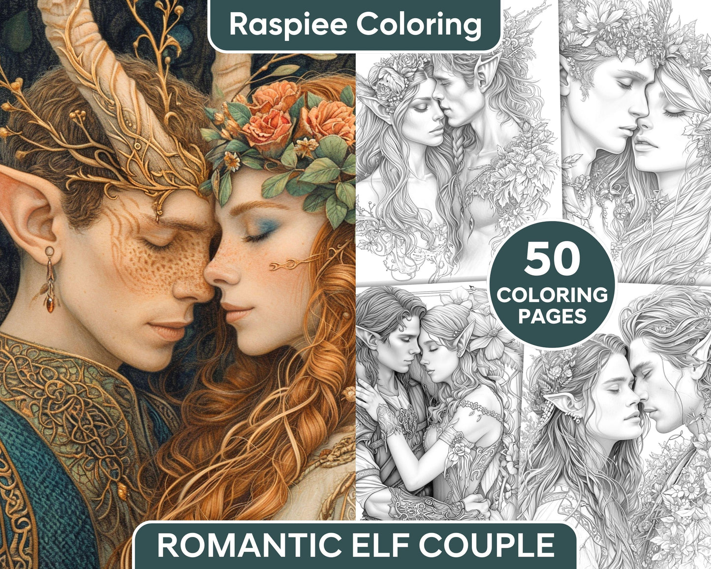 50 Romantic Elf Couple Portraits Adult Coloring Pages, Grayscale Illustration, Printable PDF Instant Download