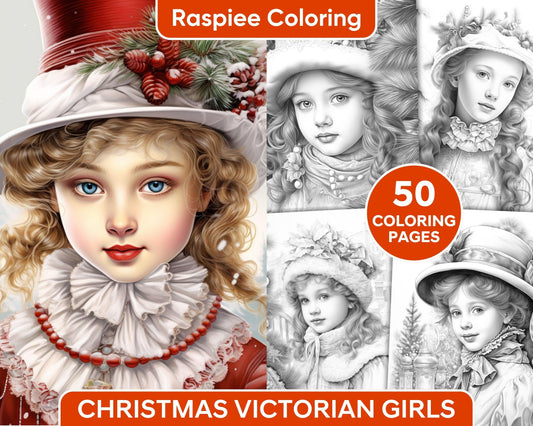 50 Christmas Victorian Girls Grayscale Coloring Pages for Adults, Printable PDF Instant Download