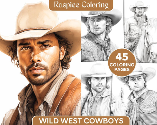 45 Wild West Cowboys Grayscale Coloring Pages Printable for Adults, PDF File Instant Download