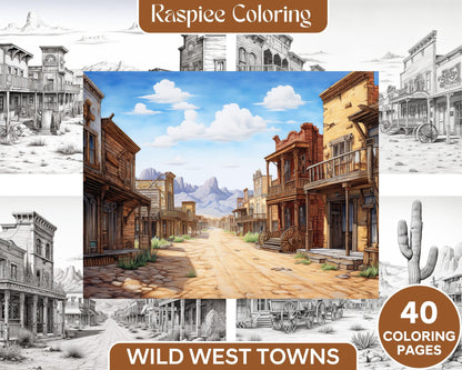 40 Wild West Towns Grayscale Coloring Pages Printable for Adults, PDF File Instant Download