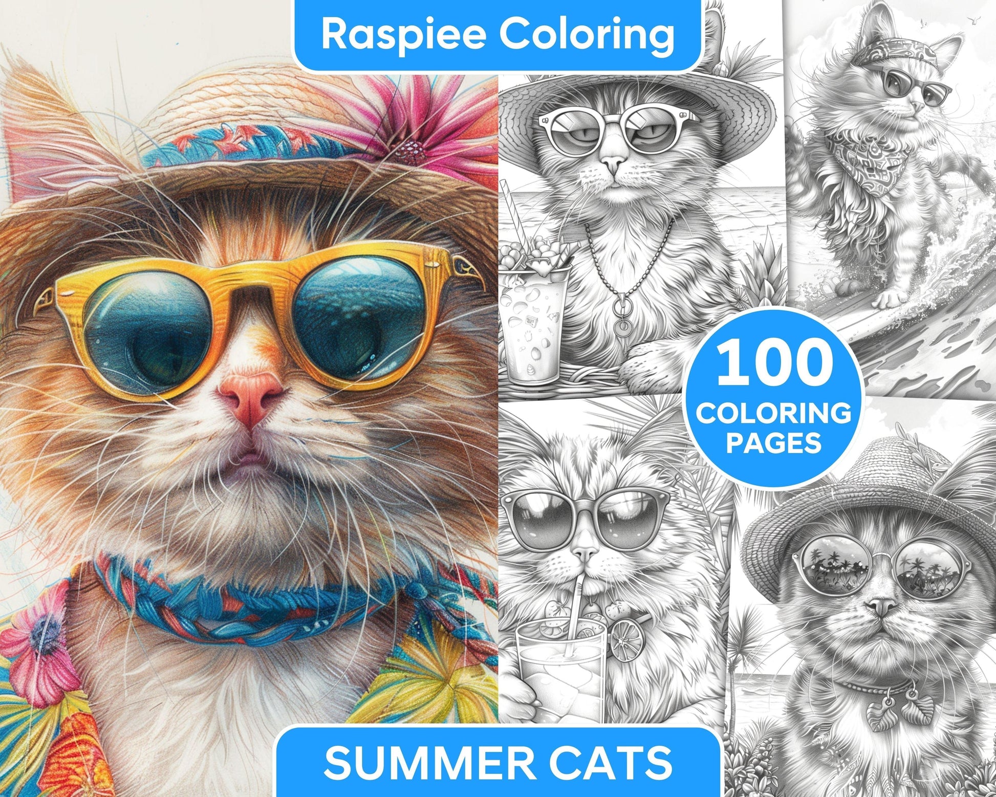 100 Summer Cats Grayscale Adult Coloring Pages, Printable PDF Instant Download