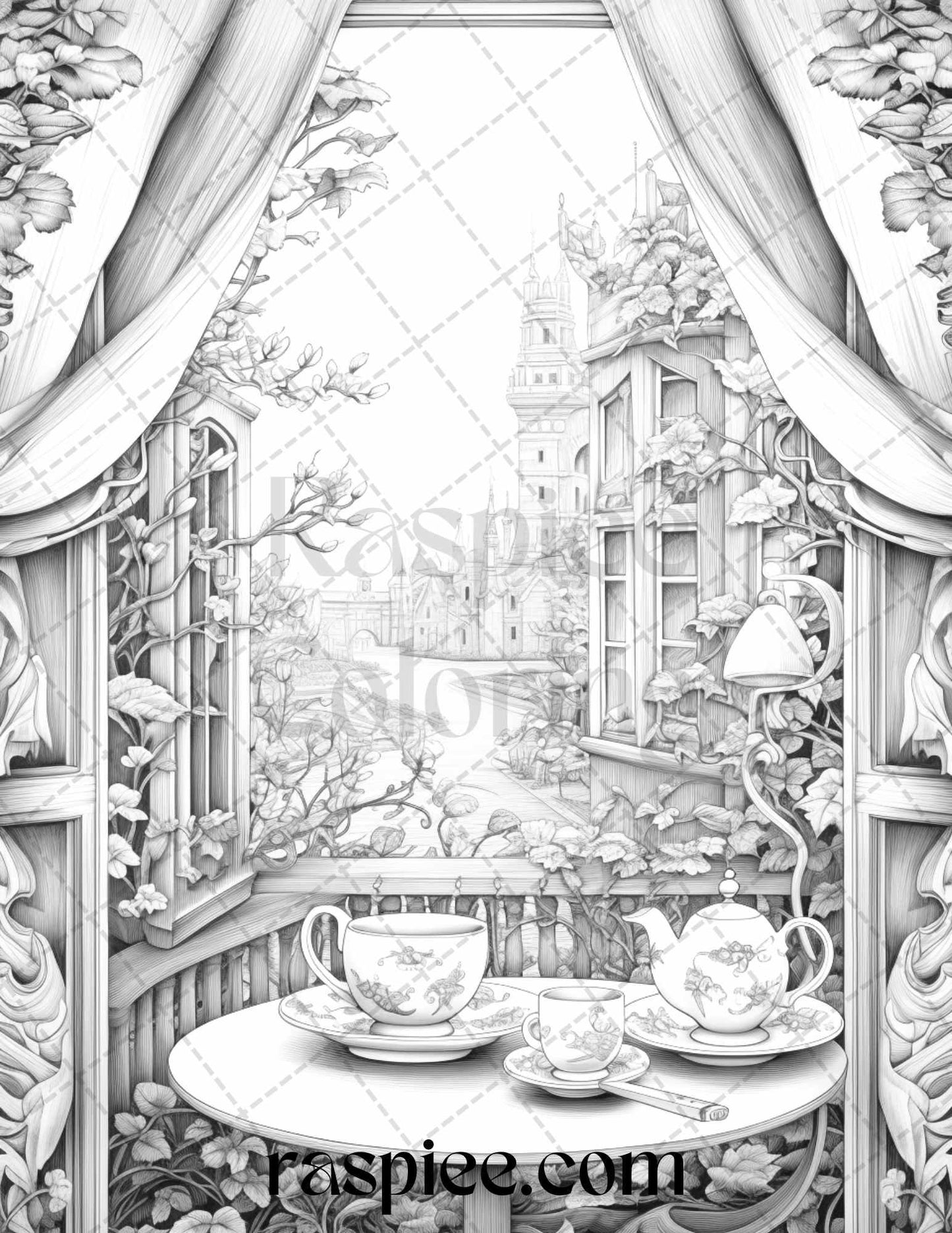 40 Window to Fantasy Worlds Grayscale Coloring Pages Printable for Adults, PDF File Instant Download