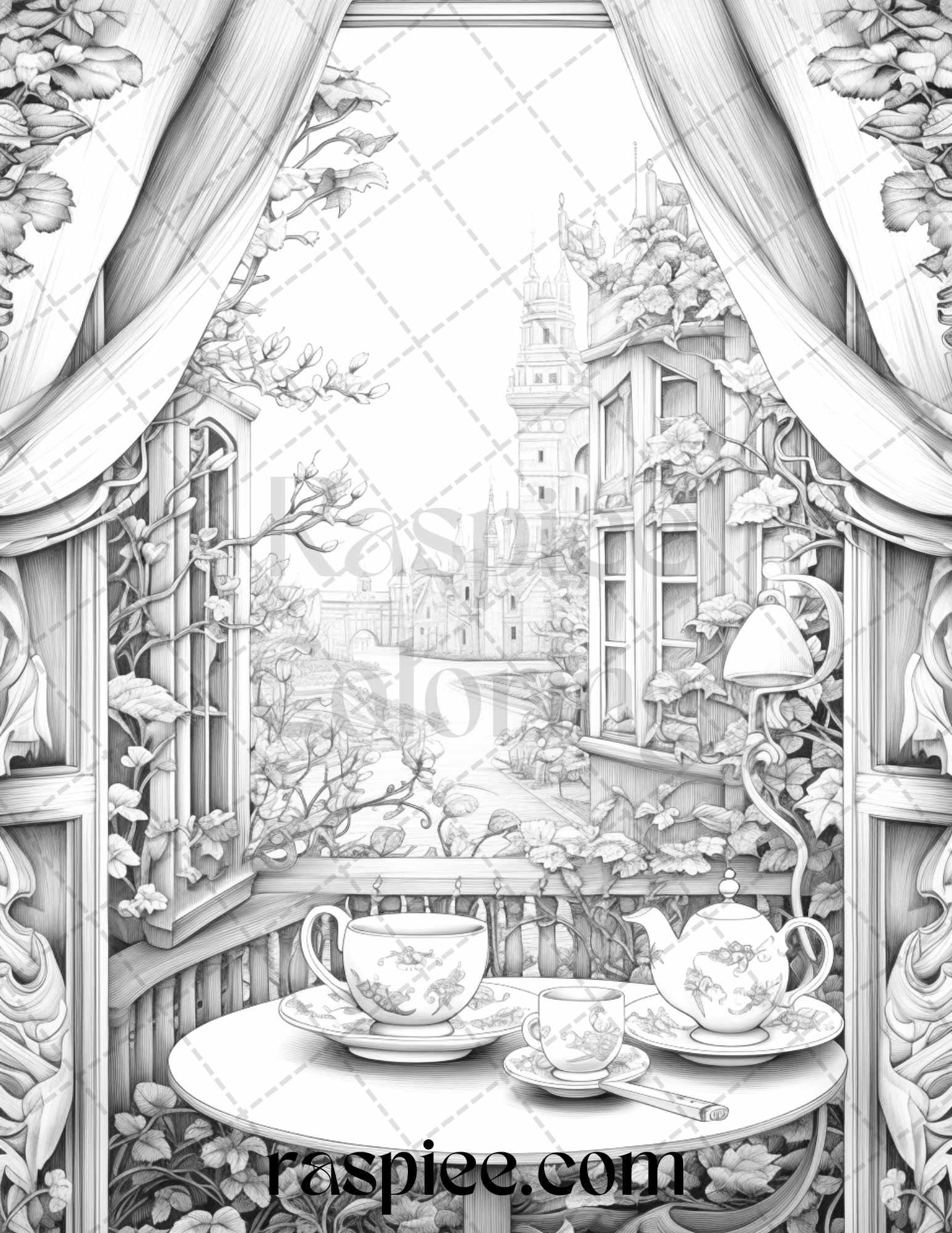 40 Window to Fantasy Worlds Grayscale Coloring Pages Printable for Adults, PDF File Instant Download