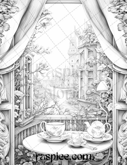 40 Window to Fantasy Worlds Grayscale Coloring Pages Printable for Adults, PDF File Instant Download