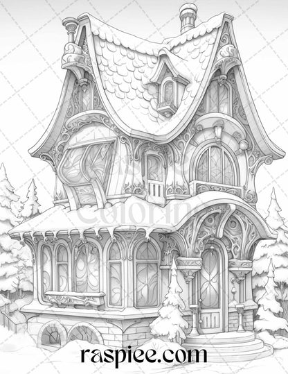 42 Fantasy Christmas Houses Grayscale Coloring Pages Printable for Adults, PDF File Instant Download